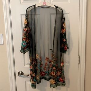 Sheer cardigan, black with floral embroidery